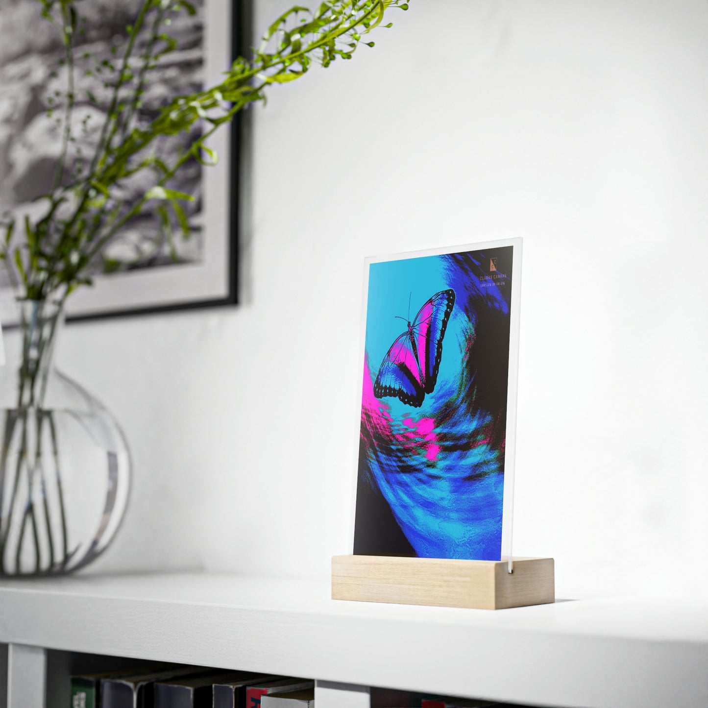 Space Butterfly - Acrylic Sign w/Wooden Stand (P&B)